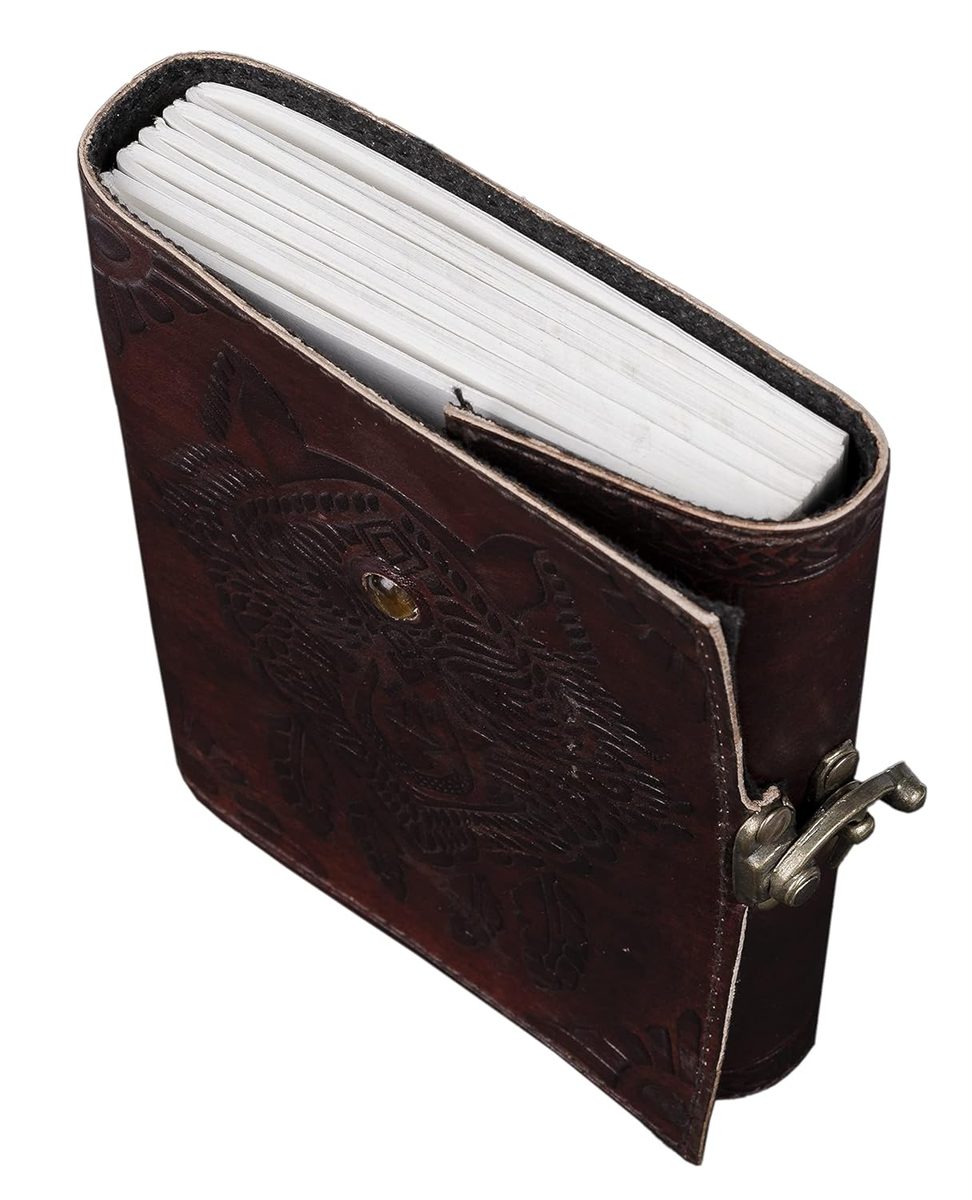 IndiFash- Handmade Leather Diary Embossed with star, journey & double wolf Diary with Antique Lock for Artist Sketchbook, Scrapbook, Drawing, Writing etc .Size 5 * 7 inch (WOLF WITH STONE) thumbnail 5