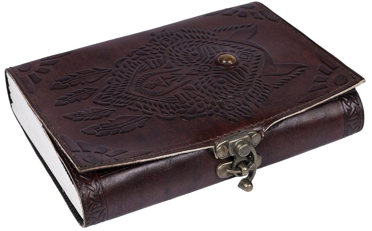 IndiFash- Handmade Leather Diary Embossed with star, journey & double wolf Diary with Antique Lock for Artist Sketchbook, Scrapbook, Drawing, Writing etc .Size 5 * 7 inch (WOLF WITH STONE) thumbnail 6