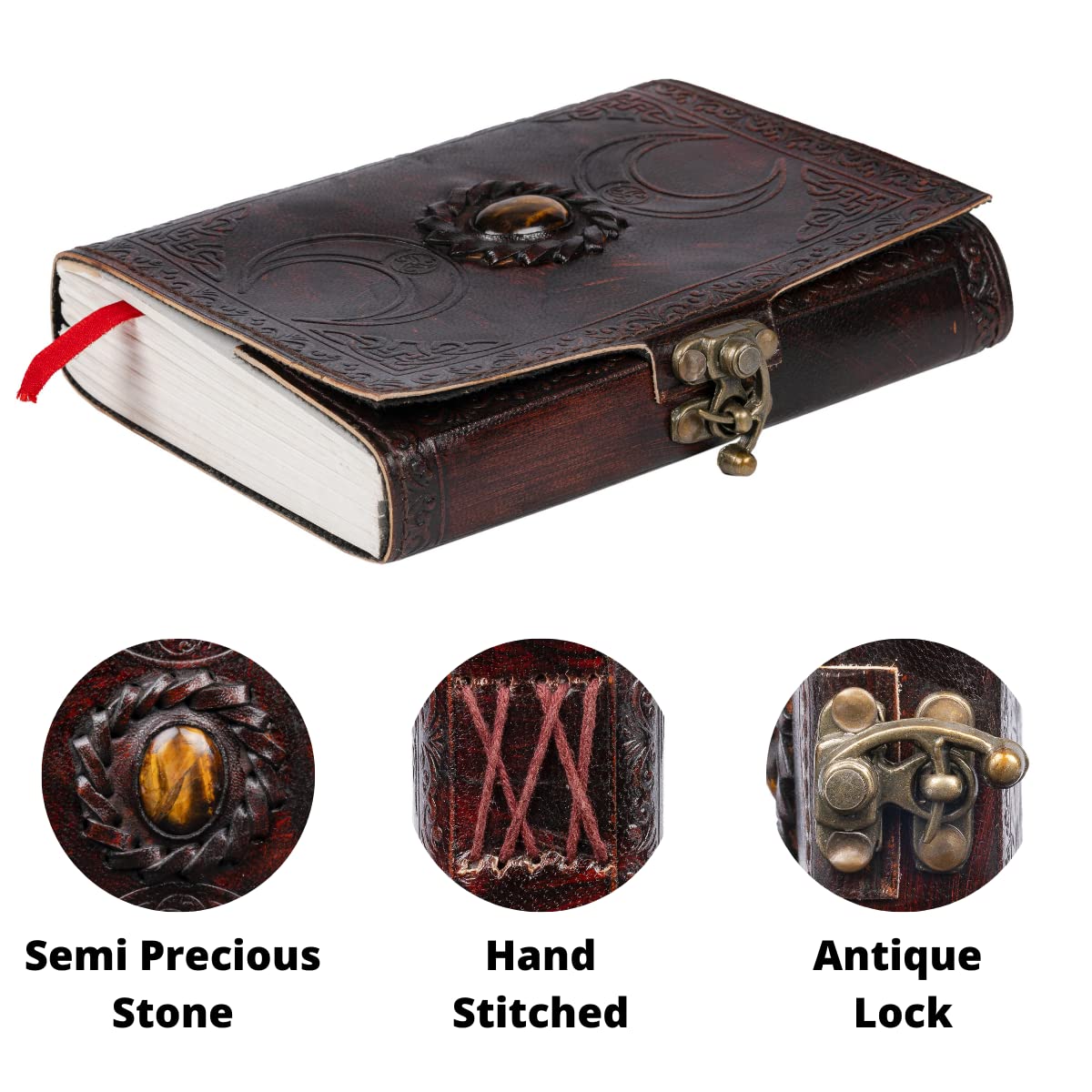 IndiFash - Leather Diary for Men & Women with Semi Precious Stone & Antique Buckle Lock, 240 Unlined 125 GSM Thick Papers Best for Artist Scrapbook, Drawing, Writing Size 5×7 inch (Brown) thumbnail 2