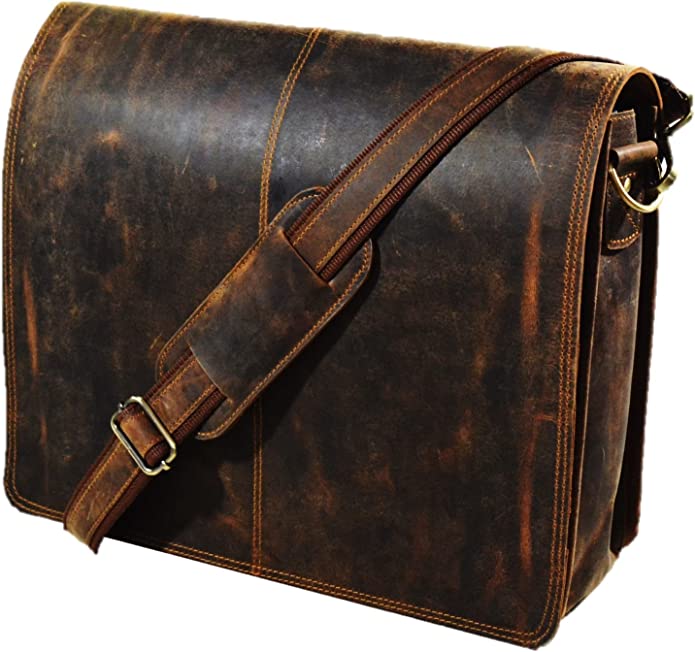 IndiFash Leather Men Laptop Messenger Full Flap Messenger Briefcase Bag 16 inch