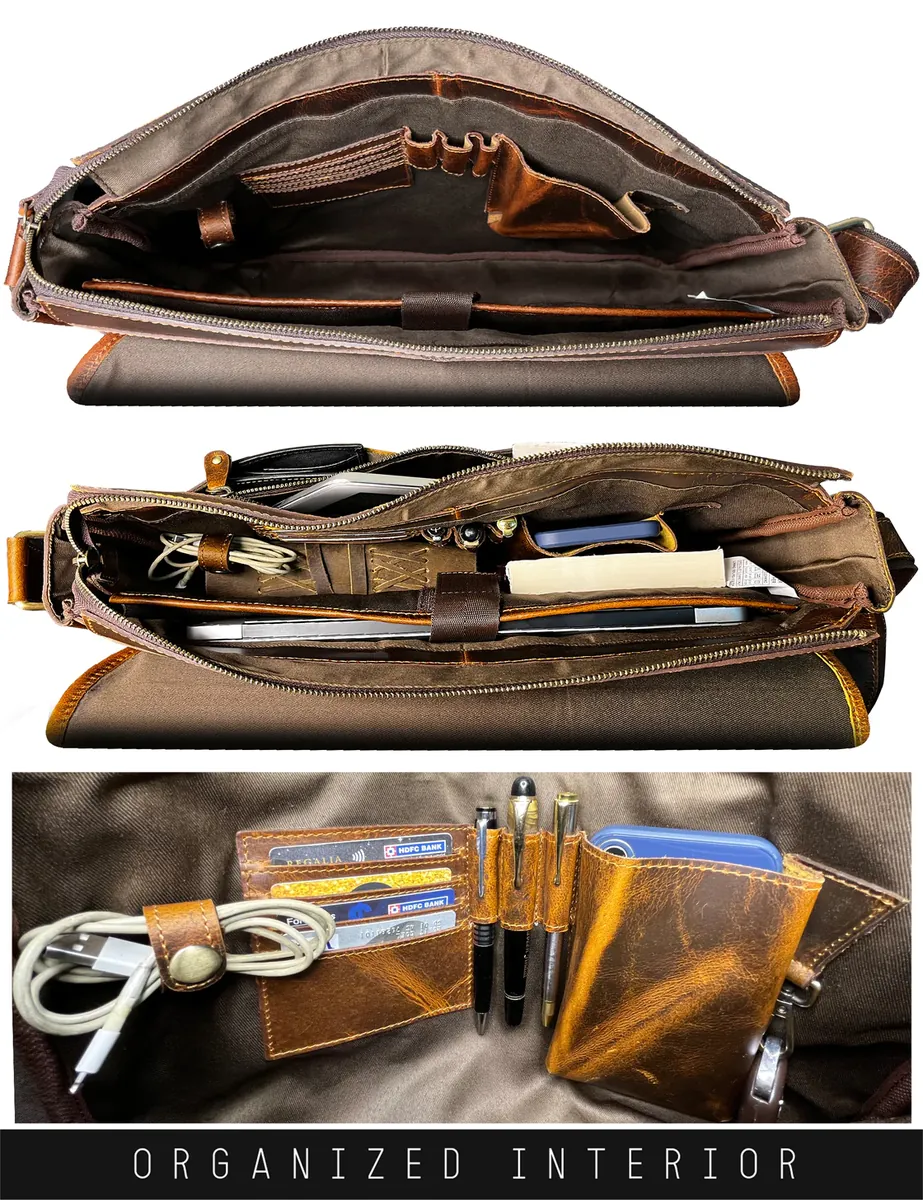 IndiFash Leather Men Laptop Messenger Full Flap Messenger Briefcase Bag 16 inch thumbnail 2