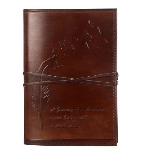 IndiFash - Refillable Leather Diary - Feather with Birds, Leaf of Tree Embossed with Quote 125 GSM Plain 200 Papers Notepad for Men and Women - Size 6 x 8.5 Inch (Leaf Embossed)