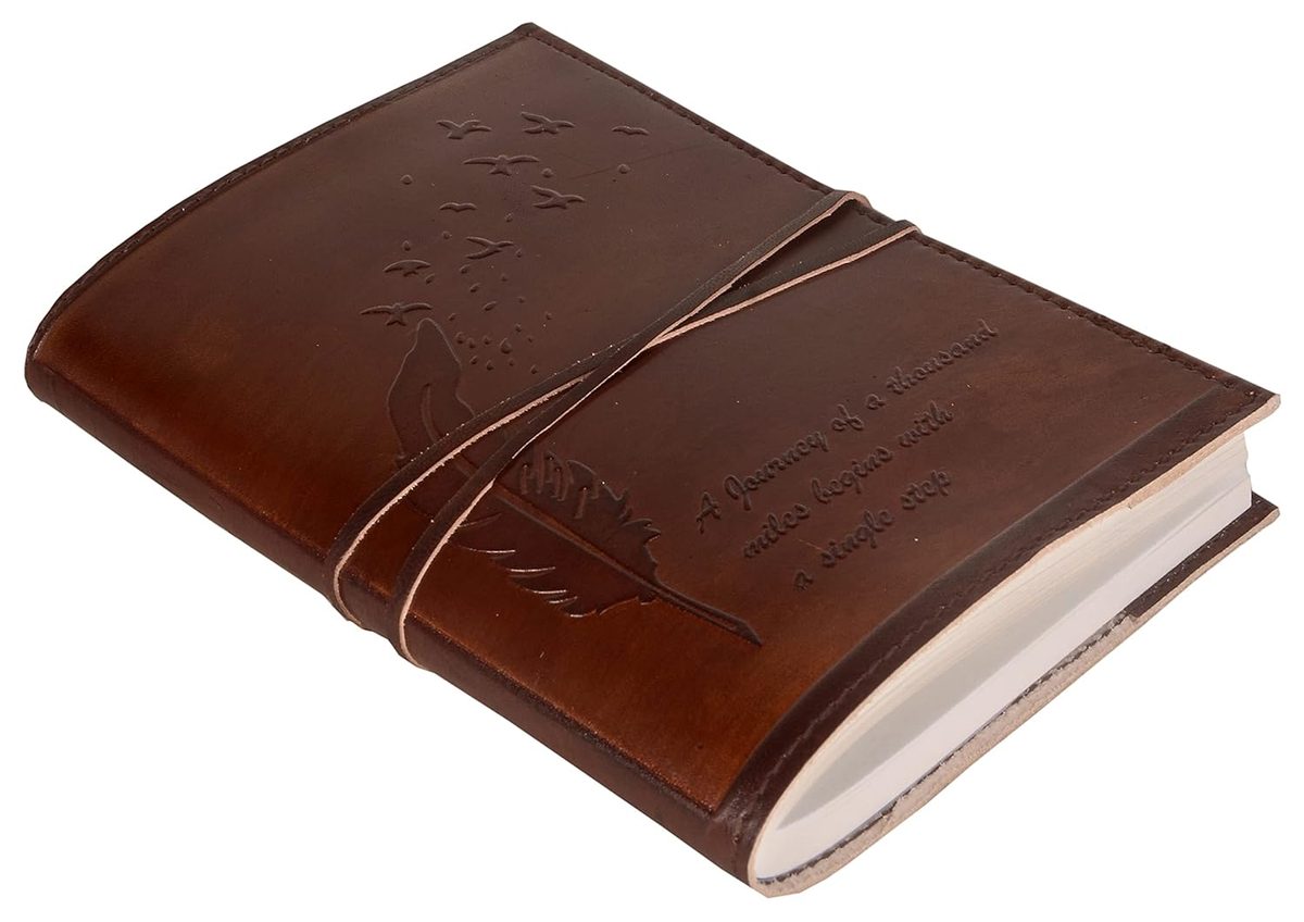 IndiFash - Refillable Leather Diary - Feather with Birds, Leaf of Tree Embossed with Quote 125 GSM Plain 200 Papers Notepad for Men and Women - Size 6 x 8.5 Inch (Leaf Embossed) thumbnail 3