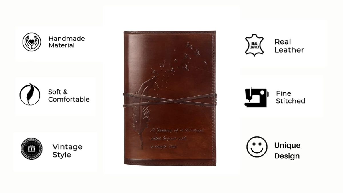 IndiFash - Refillable Leather Diary - Feather with Birds, Leaf of Tree Embossed with Quote 125 GSM Plain 200 Papers Notepad for Men and Women - Size 6 x 8.5 Inch (Leaf Embossed) thumbnail 4
