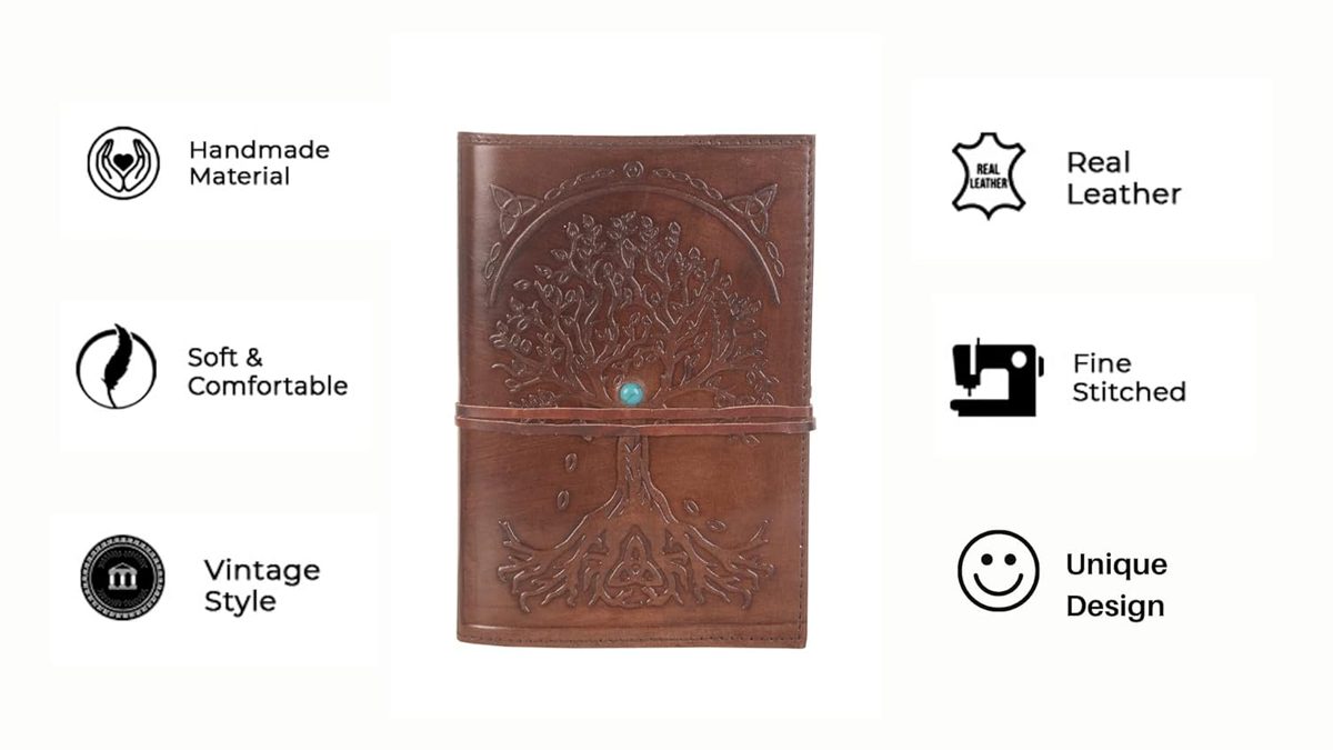 IndiFash - Refillable Leather Diary - Feather with Birds, Leaf of Tree Embossed with Quote 125 GSM Plain 200 Papers Notepad for Men and Women - Size 6 x 8.5 Inch (Tree Embossed) thumbnail 6