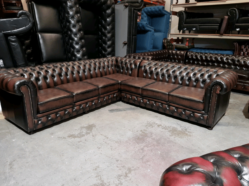 IndiFash Rustic Brown L shape Chesterfield Sofa thumbnail 2