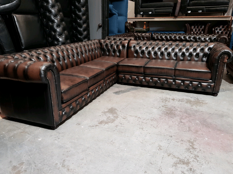 IndiFash Rustic Brown L shape Chesterfield Sofa thumbnail 3