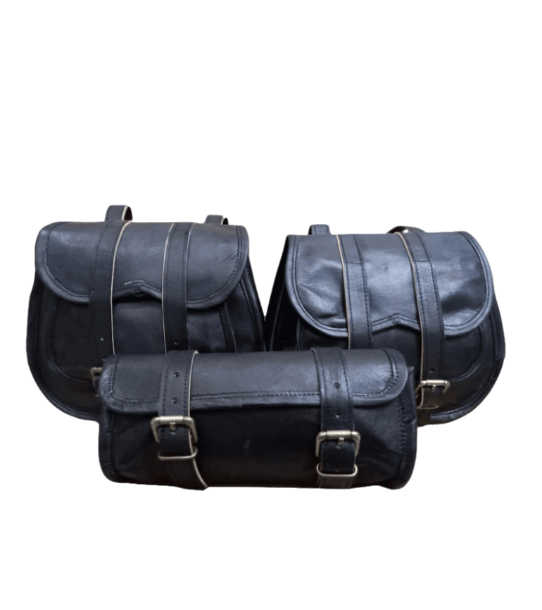 IndiFash Saddle Bags Motorcycle Bag Black Leather Pouch Saddlebag Motorbike Tool Pouch Set of 3 Bags Saddle Leather bag