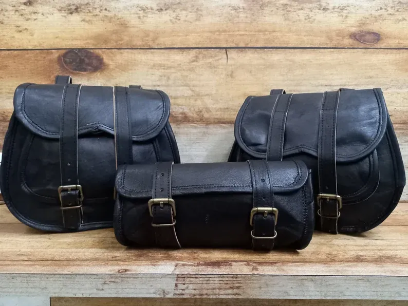 IndiFash Saddle Bags Motorcycle Bag Black Leather Pouch Saddlebag Motorbike Tool Pouch Set of 3 Bags Saddle Leather bag thumbnail 2