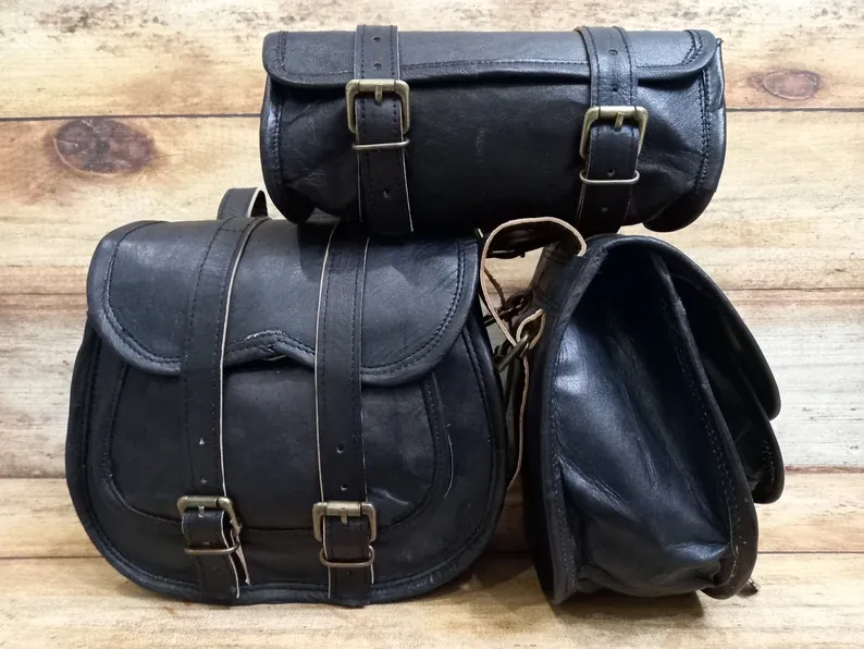 IndiFash Saddle Bags Motorcycle Bag Black Leather Pouch Saddlebag Motorbike Tool Pouch Set of 3 Bags Saddle Leather bag thumbnail 3