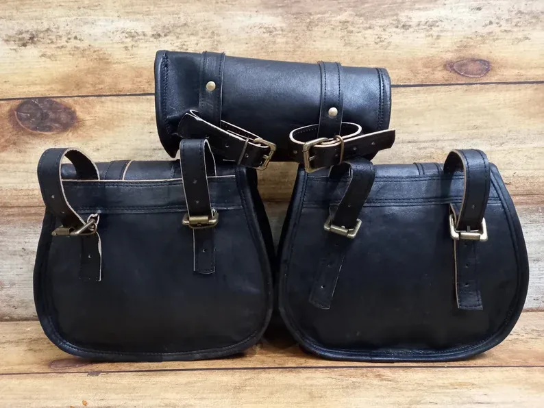 IndiFash Saddle Bags Motorcycle Bag Black Leather Pouch Saddlebag Motorbike Tool Pouch Set of 3 Bags Saddle Leather bag thumbnail 4