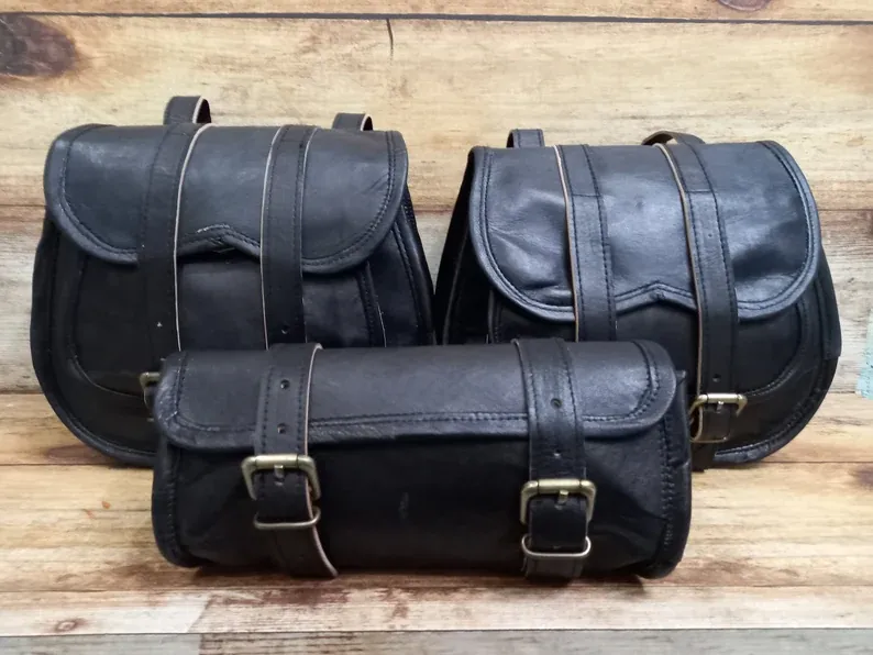 IndiFash Saddle Bags Motorcycle Bag Black Leather Pouch Saddlebag Motorbike Tool Pouch Set of 3 Bags Saddle Leather bag thumbnail 5