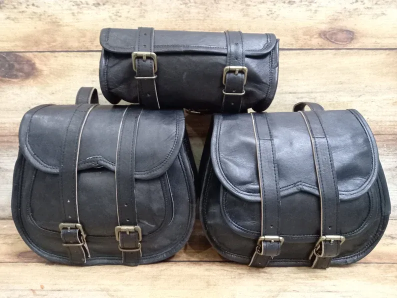 IndiFash Saddle Bags Motorcycle Bag Black Leather Pouch Saddlebag Motorbike Tool Pouch Set of 3 Bags Saddle Leather bag thumbnail 6
