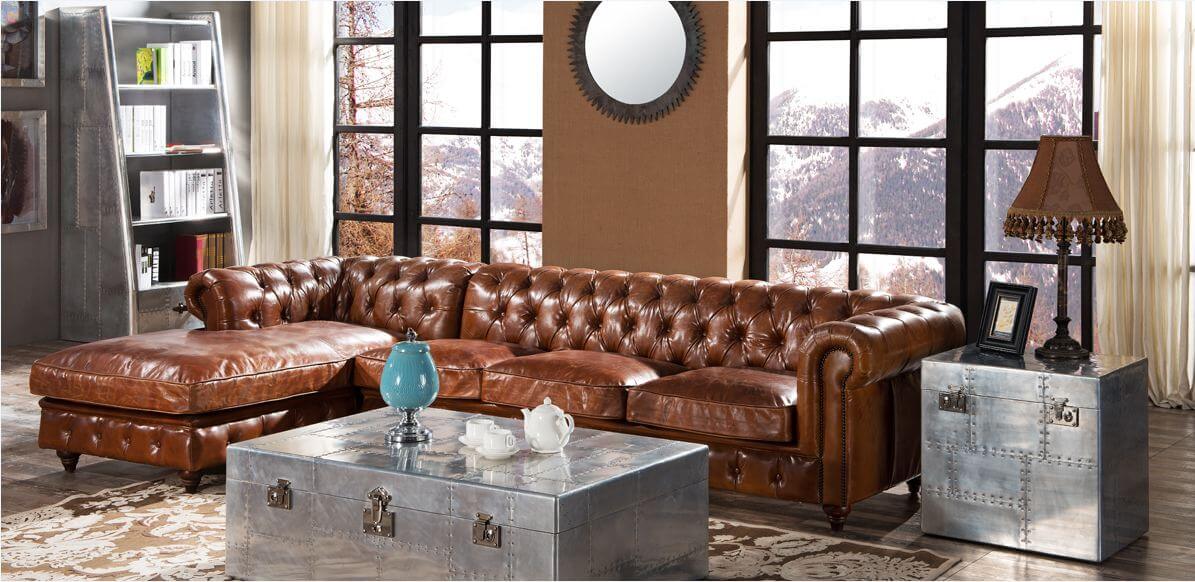 IndiFash Vintage Brown L shape Chesterfield Sofa