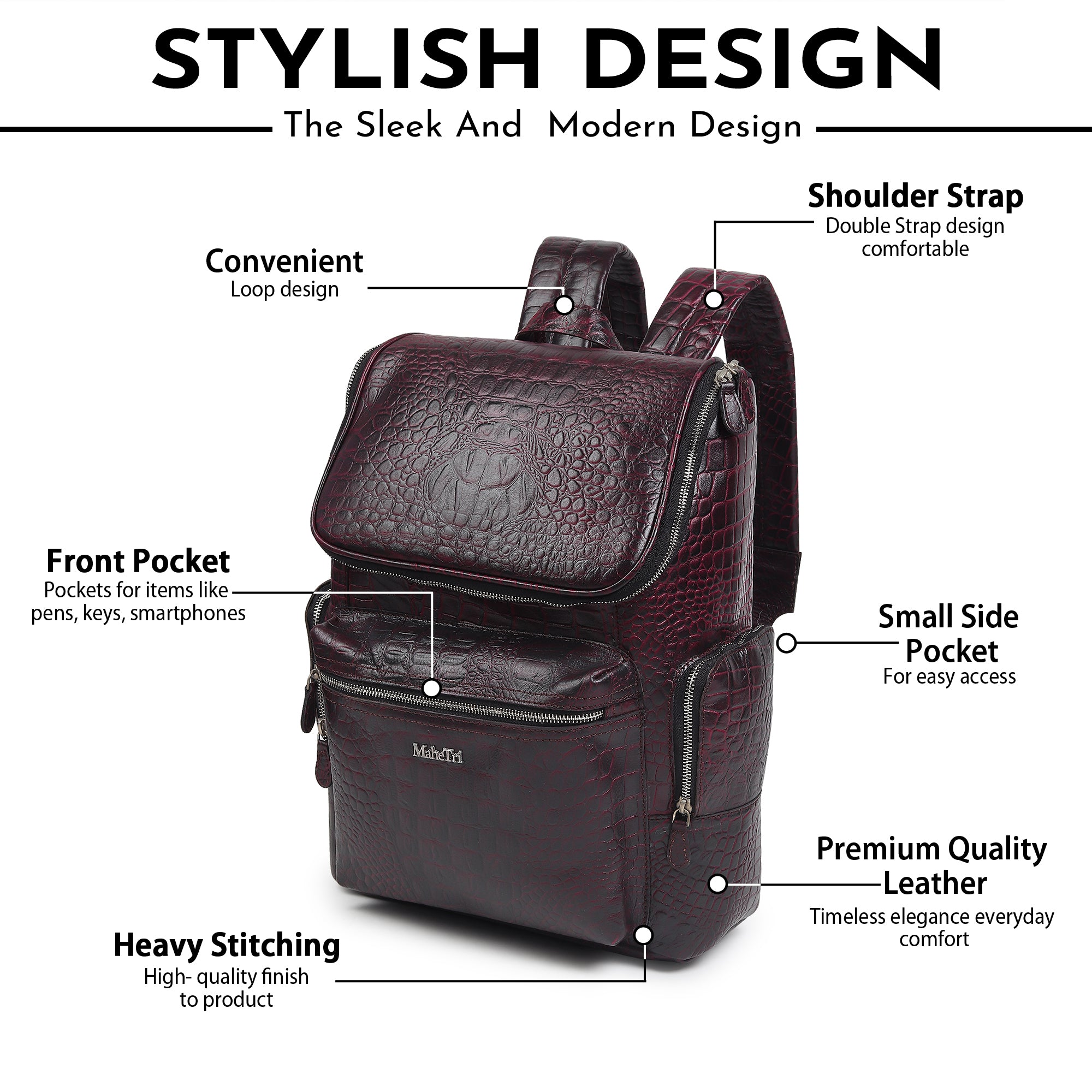 Regal Crocodile Texture Laptop Backpack, Pinkish Red thumbnail 6
