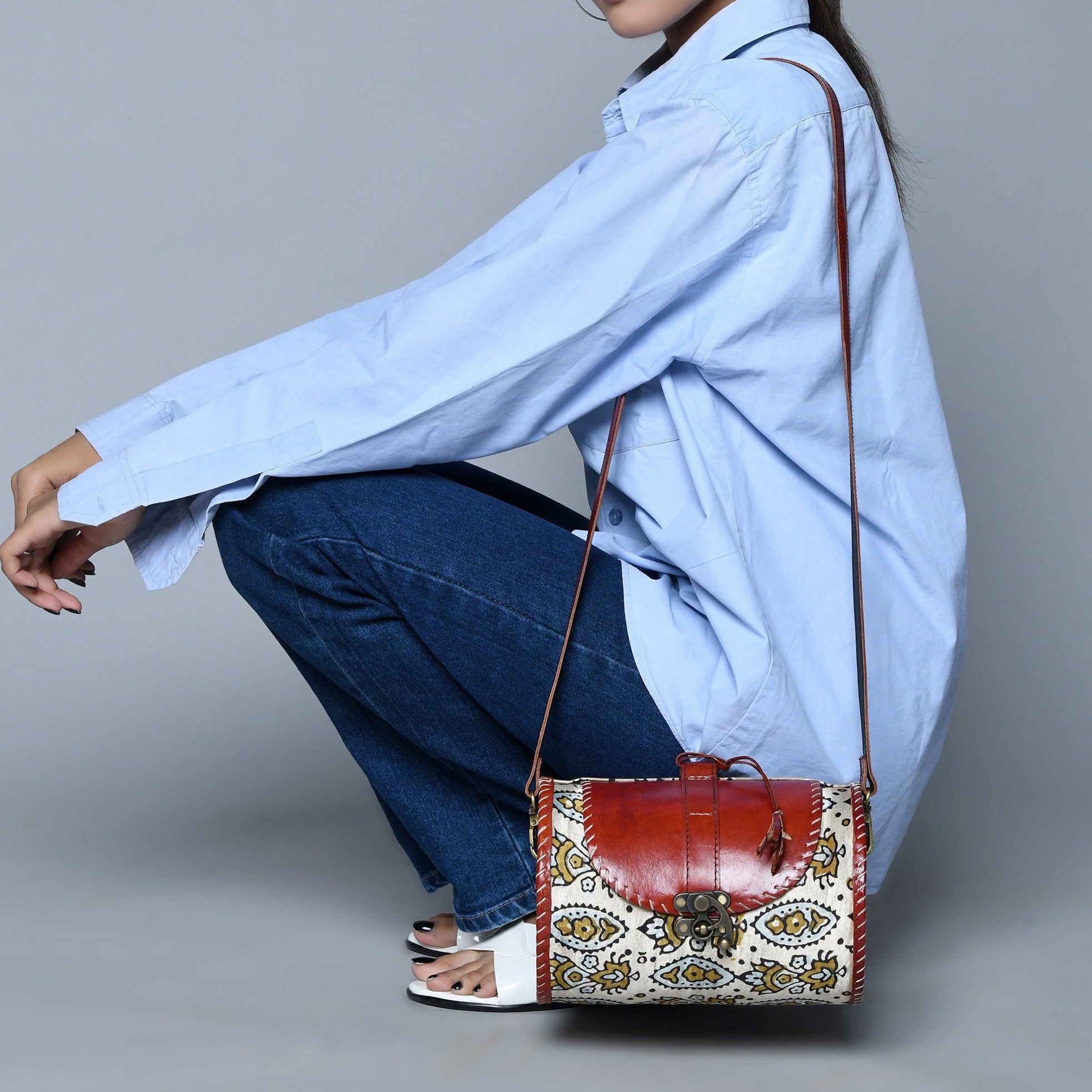 Cylindrical Block Printed Leather Bag thumbnail 2