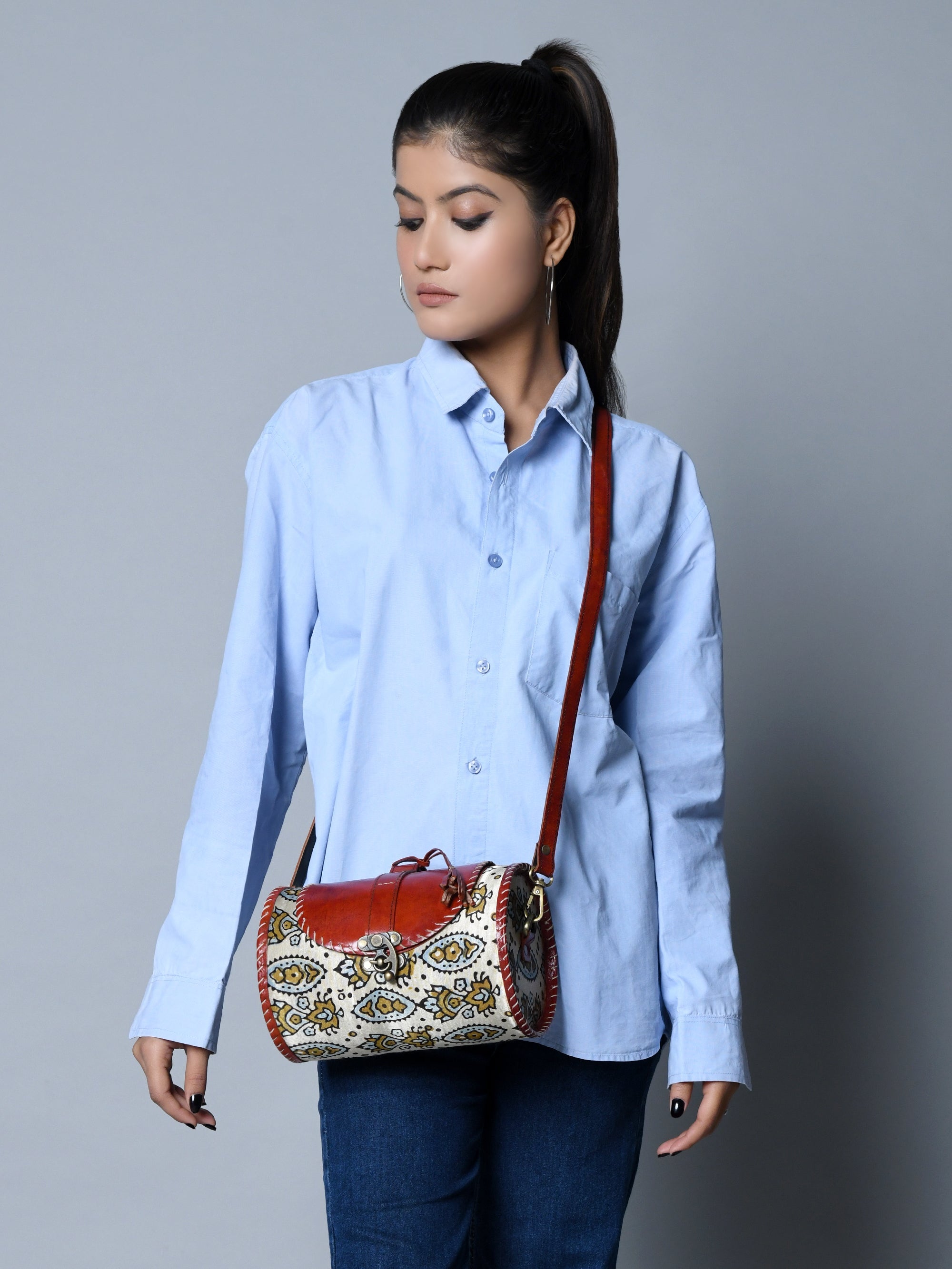Cylindrical Block Printed Leather Bag thumbnail 4
