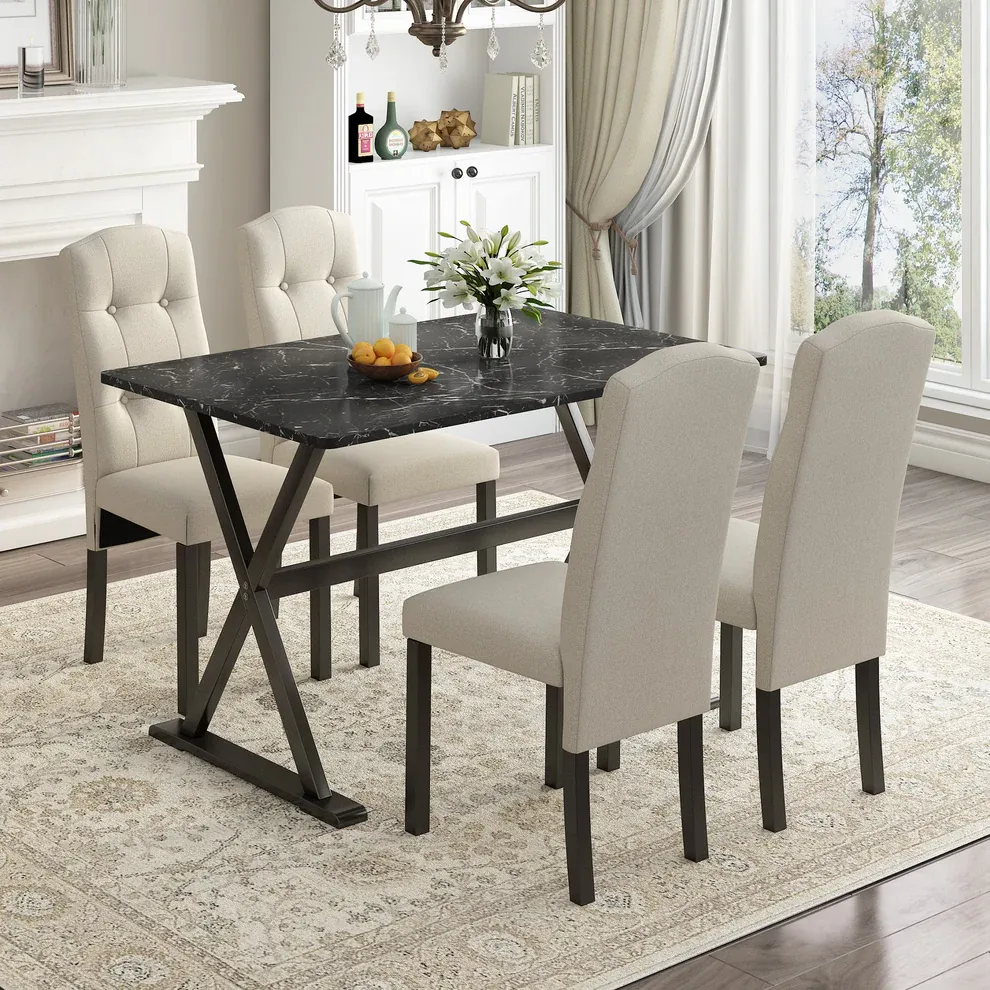 Elegant 5-Piece Solid Wood Dining Set with Faux Marble Top