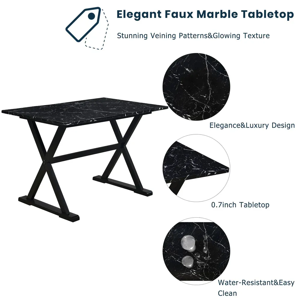 Elegant 5-Piece Solid Wood Dining Set with Faux Marble Top thumbnail 2