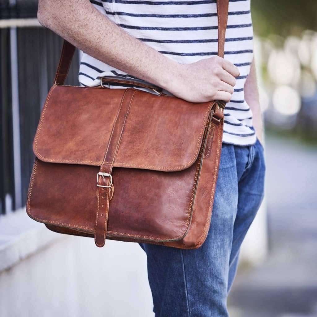IndiFash - 10*13″ Expandable Handcrafted Vintage Goat Leather Bag | 100% Genuine Leather thumbnail 2