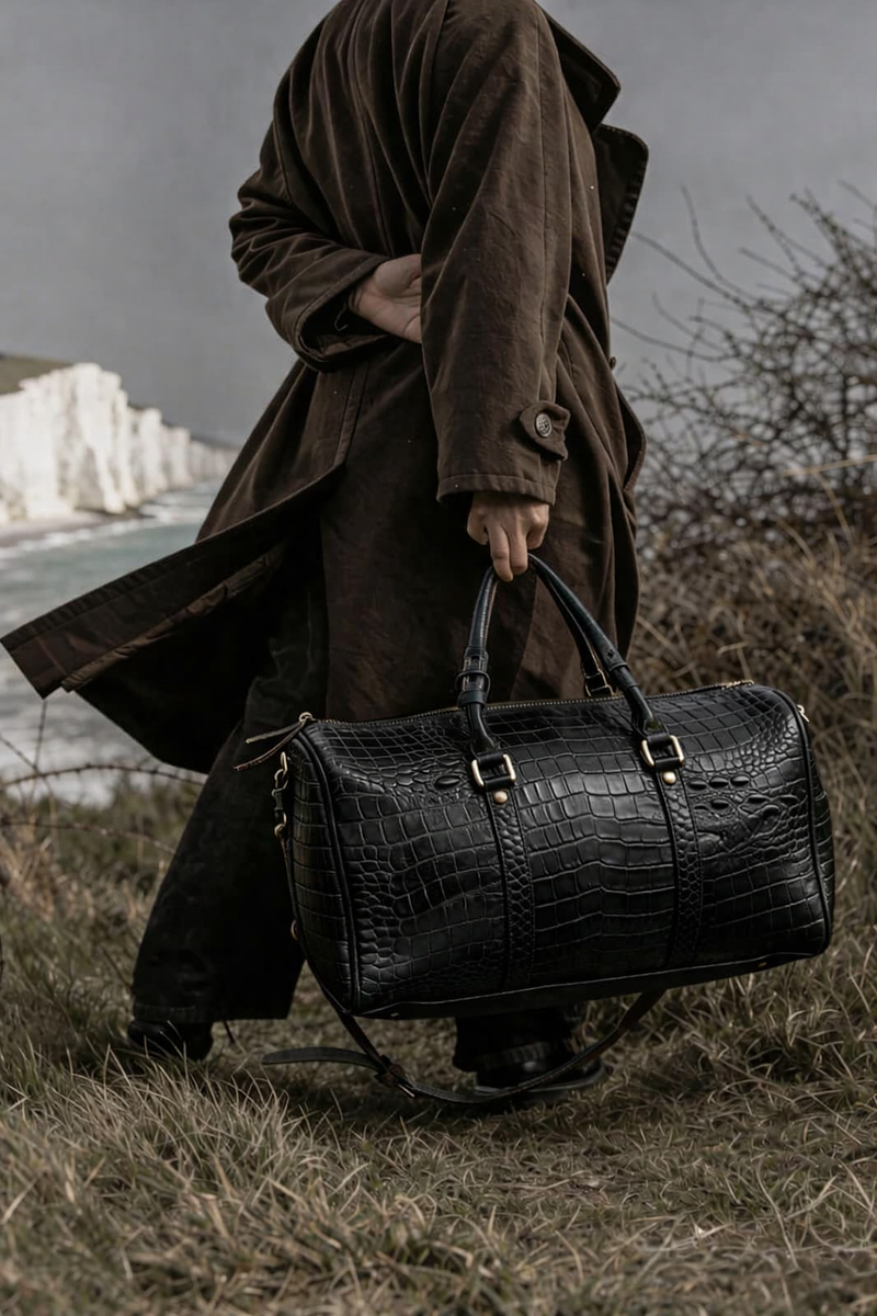Forest Black Embossed Genuine Leather Duffle Bag