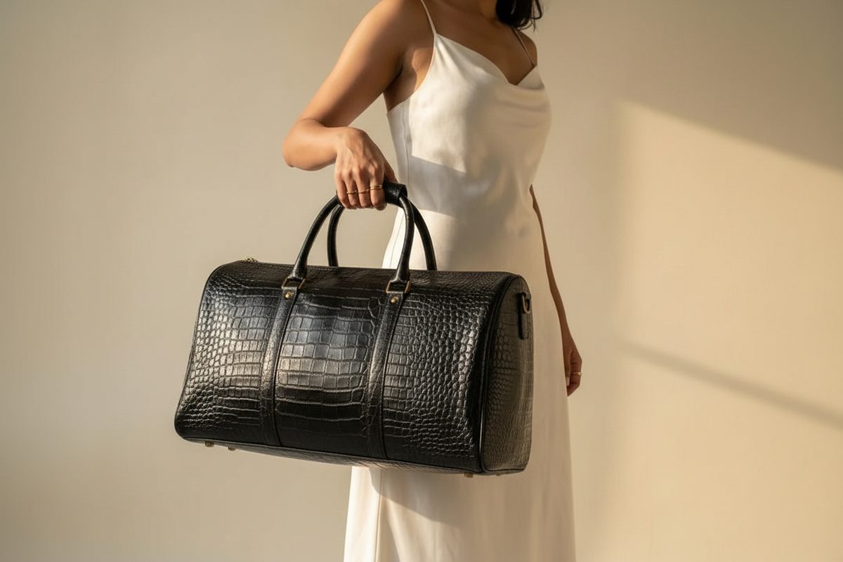 Forest Black Embossed Genuine Leather Duffle Bag thumbnail 2