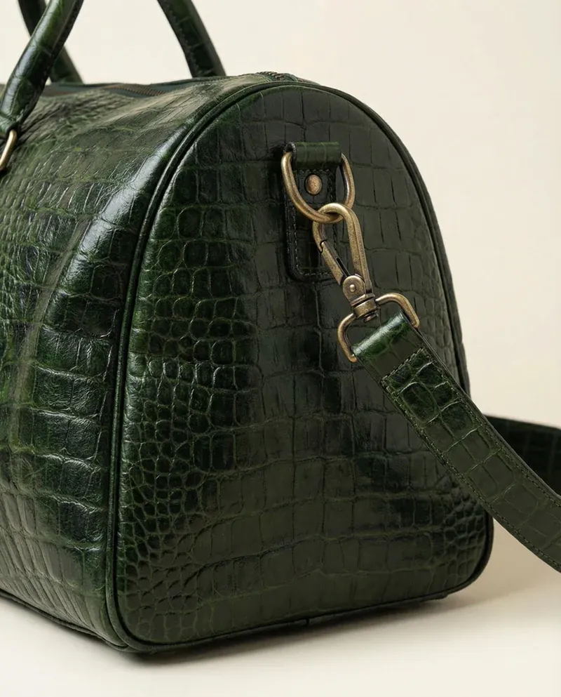 Forest Green Embossed Genuine Leather Duffle Bag thumbnail 4