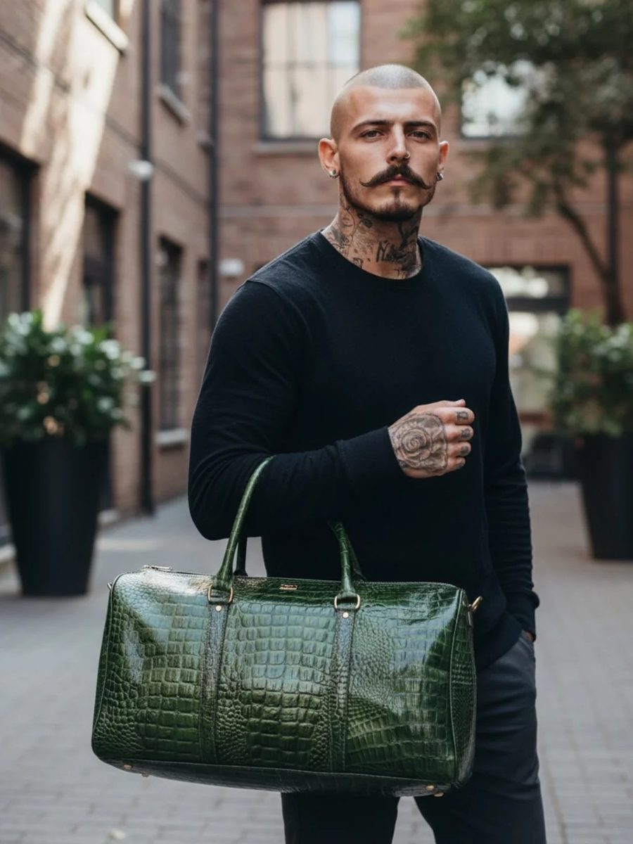 Forest Green Embossed Genuine Leather Duffle Bag thumbnail 5