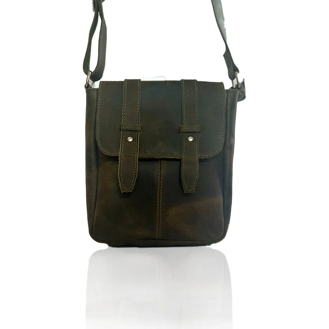 IndiFash -9 inches Green Colour Double Strip Buffalo Leather Sling Bag | 100% Genuine Leather