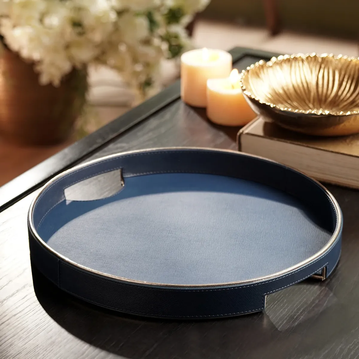 Green Faux Leather Round Serving Tray - Large