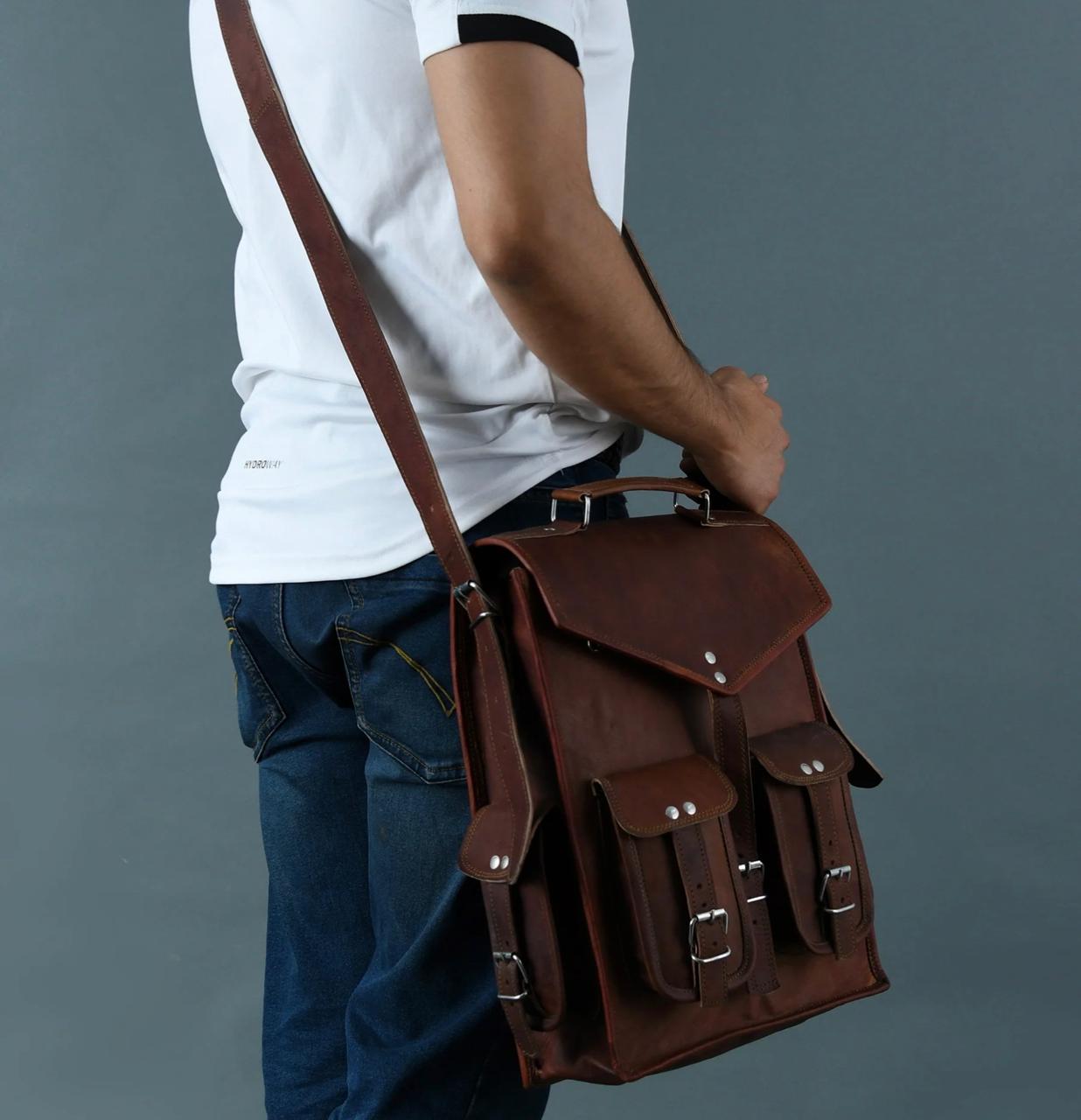 IndiFash - 10 x 13 Inch 4 Pockets Dark Brown Handcrafted Leather Backpack | 100% Genuine Leather thumbnail 3
