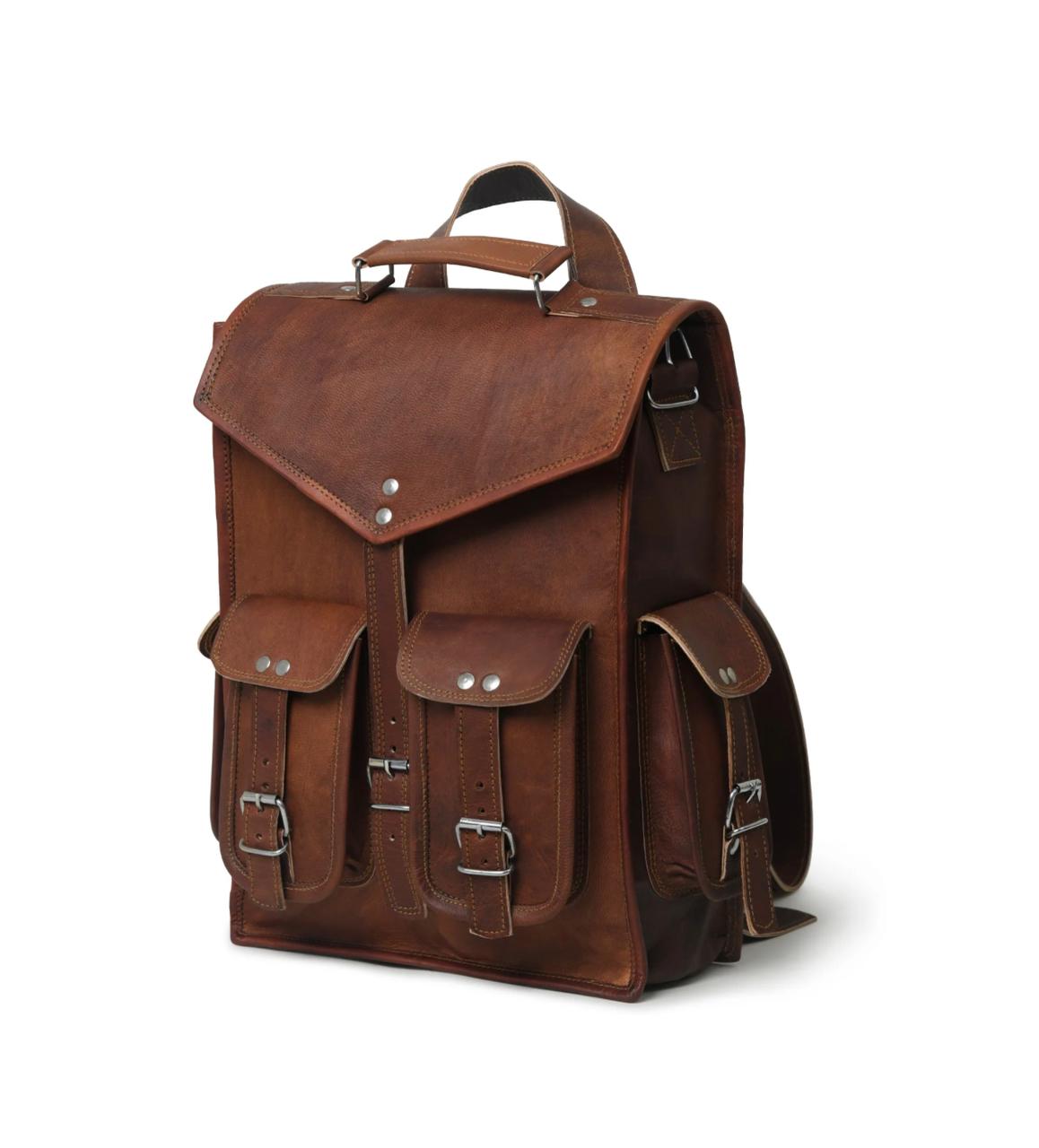 IndiFash - 10 x 13 Inch 4 Pockets Dark Brown Handcrafted Leather Backpack | 100% Genuine Leather thumbnail 4