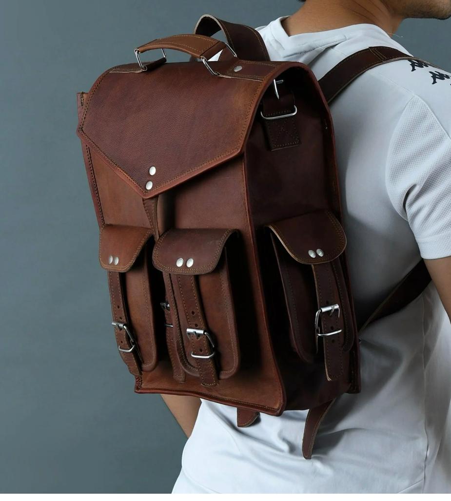 IndiFash - 10 x 13 Inch 4 Pockets Dark Brown Handcrafted Leather Backpack | 100% Genuine Leather thumbnail 5