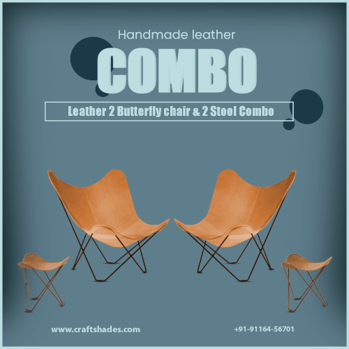 Handmade Leather 2 Butterfly chair & 2 Stool Combo