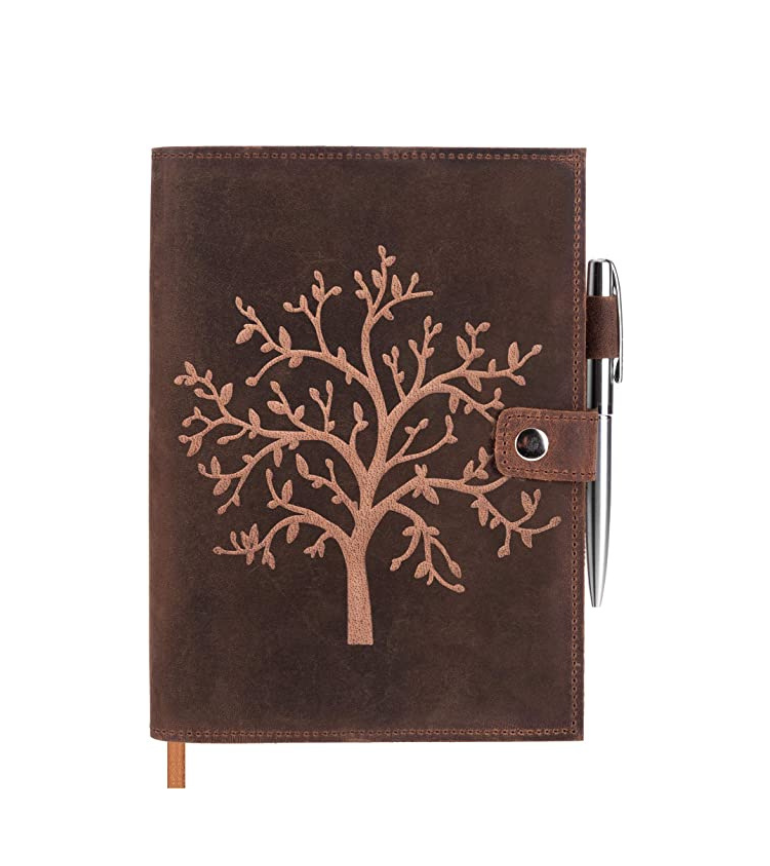 IndiFash Refillable Leather Journal Lined Notebook - Embossed Tree of Life, Handmade Genuine Leather Notebook for Men & Women with Pen Holder