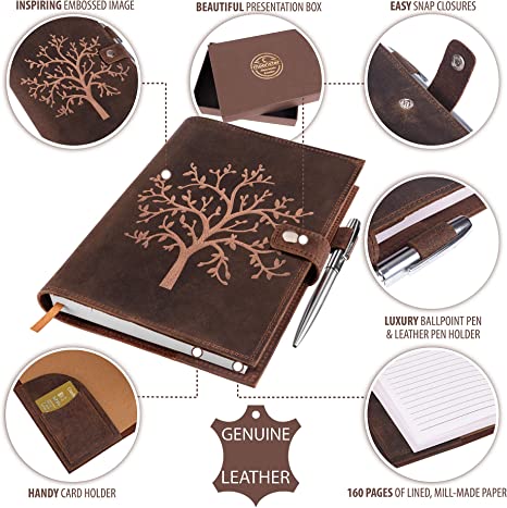 IndiFash Refillable Leather Journal Lined Notebook - Embossed Tree of Life, Handmade Genuine Leather Notebook for Men & Women with Pen Holder thumbnail 2
