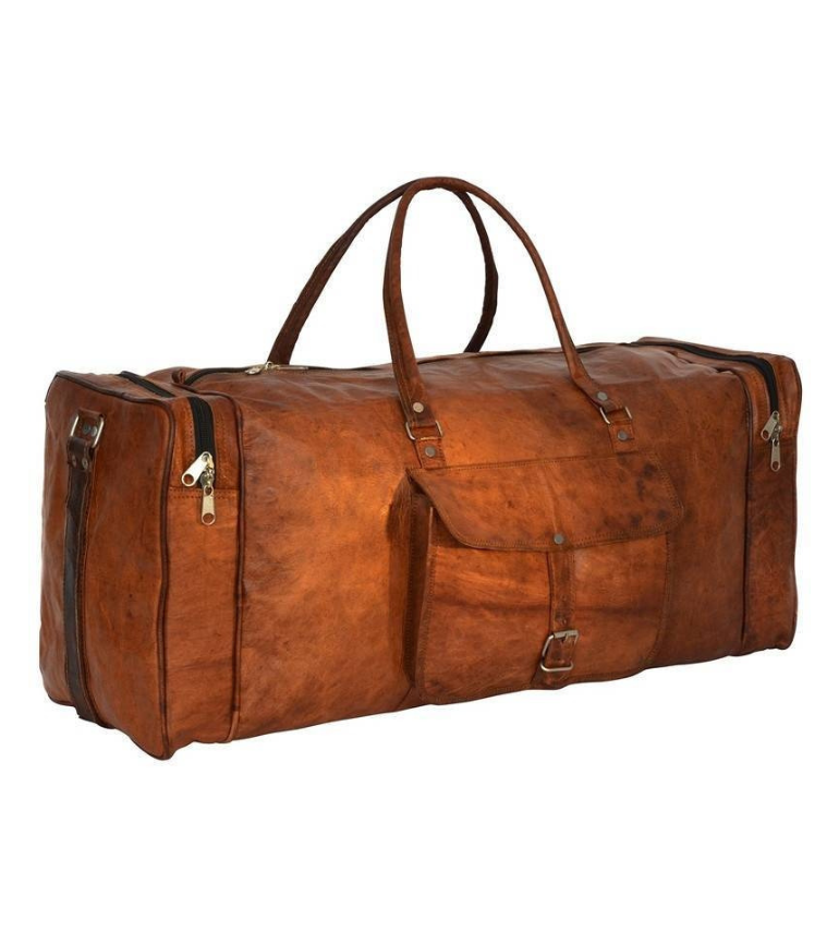 IndiFash - 20 inch 3 Outer Pockets (Expandable) Edge Handcrafted Duffle Goat Leather Bag | 100% Genuine Leather