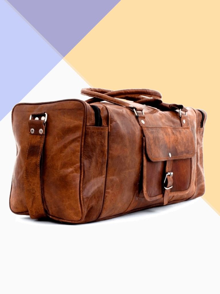 IndiFash - 20 inch 3 Outer Pockets (Expandable) Edge Handcrafted Duffle Goat Leather Bag | 100% Genuine Leather thumbnail 2