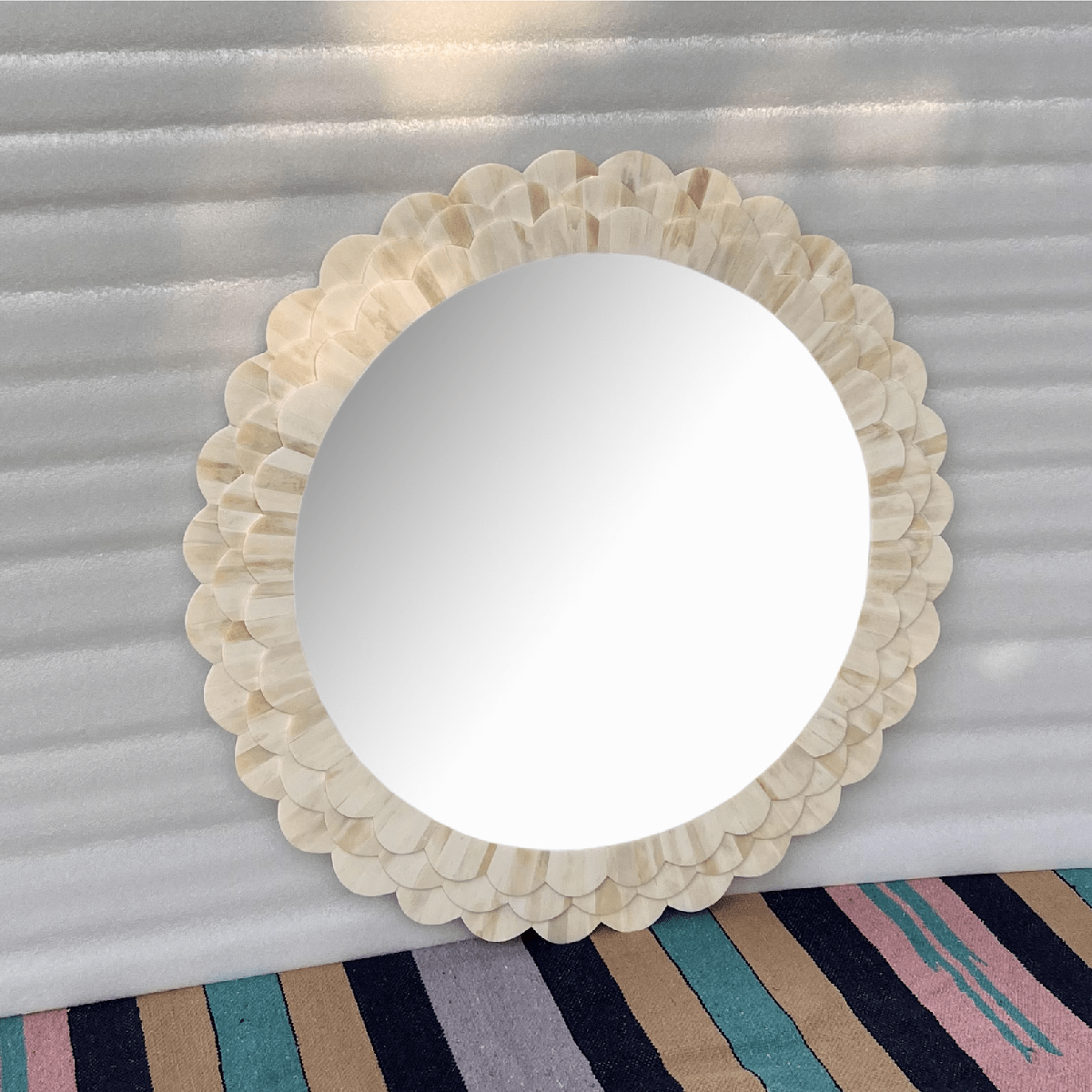Handmade Round Bone Inlay Mirror Frame - Petal Carving Design