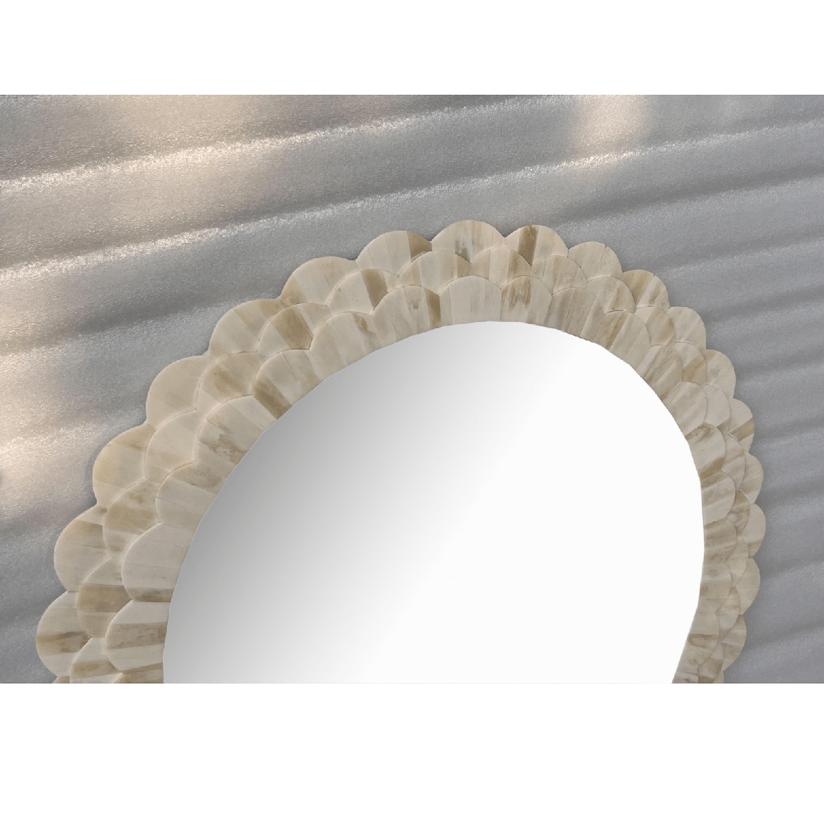 Handmade Round Bone Inlay Mirror Frame - Petal Carving Design thumbnail 2
