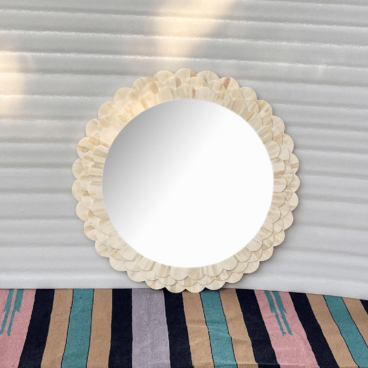 Handmade Round Bone Inlay Mirror Frame - Petal Carving Design thumbnail 3