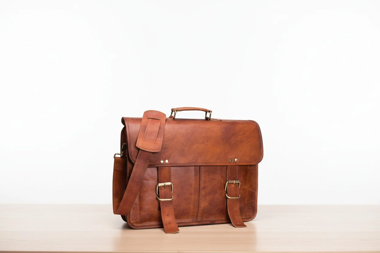 IndiFash - 15 Inch Double Strip Handcrafted Messenger Goat Leather Bag (Brown) | 100% Genuine Leather