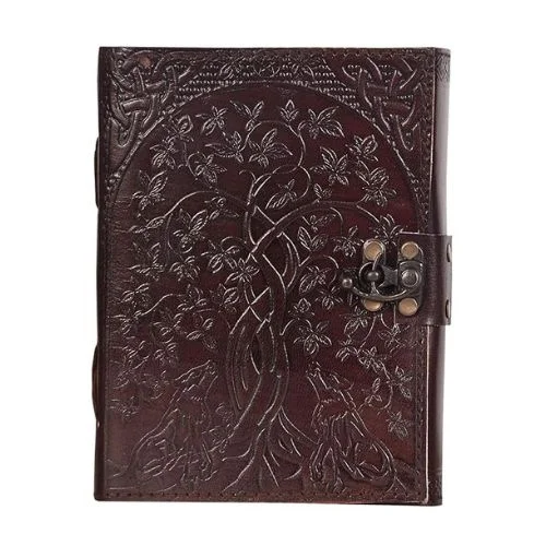IndiFash- Handmade Leather Diary Embossed with star, journey & double wolf Diary with Antique Lock for Artist Sketchbook, Scrapbook, Drawing, Writing etc .Size 5 * 7 inch (DOUBLE WOLF)