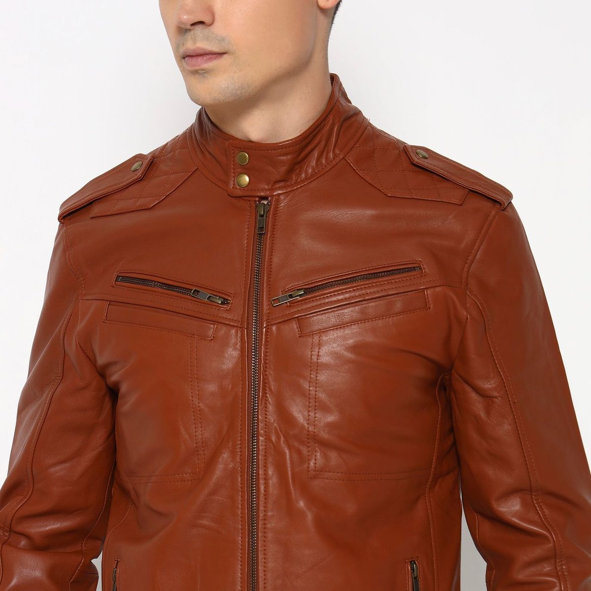 Men Brown Genuine Leather Biker Jacket thumbnail 2