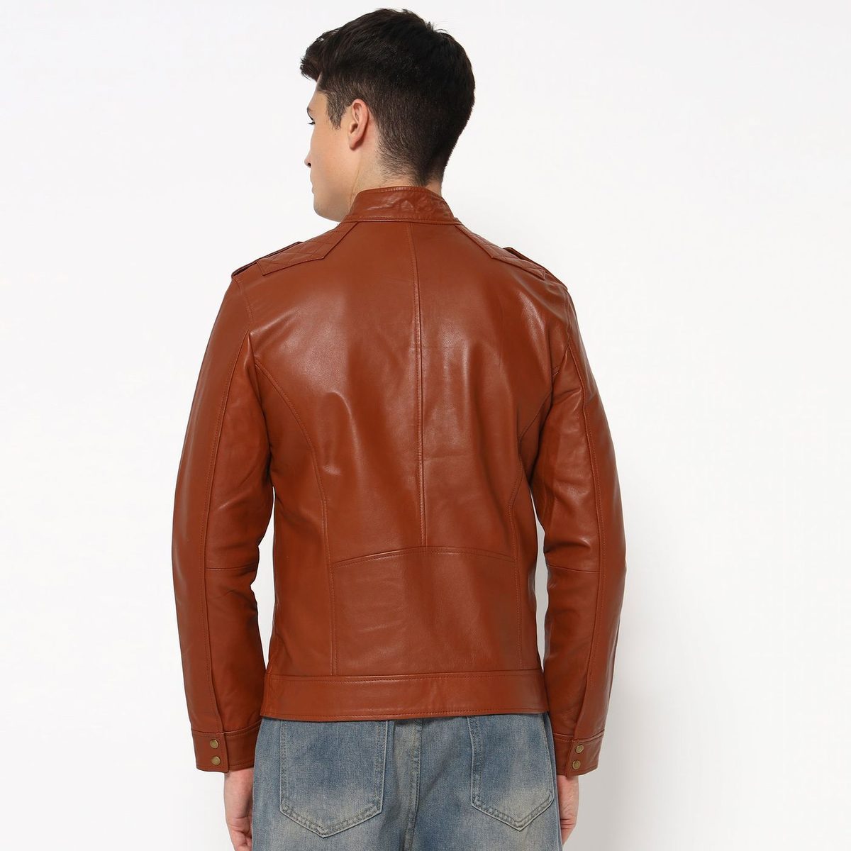 Men Brown Genuine Leather Biker Jacket thumbnail 3
