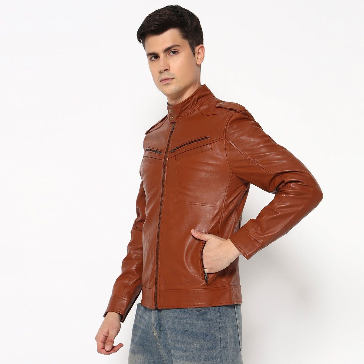 Men Brown Genuine Leather Biker Jacket thumbnail 4