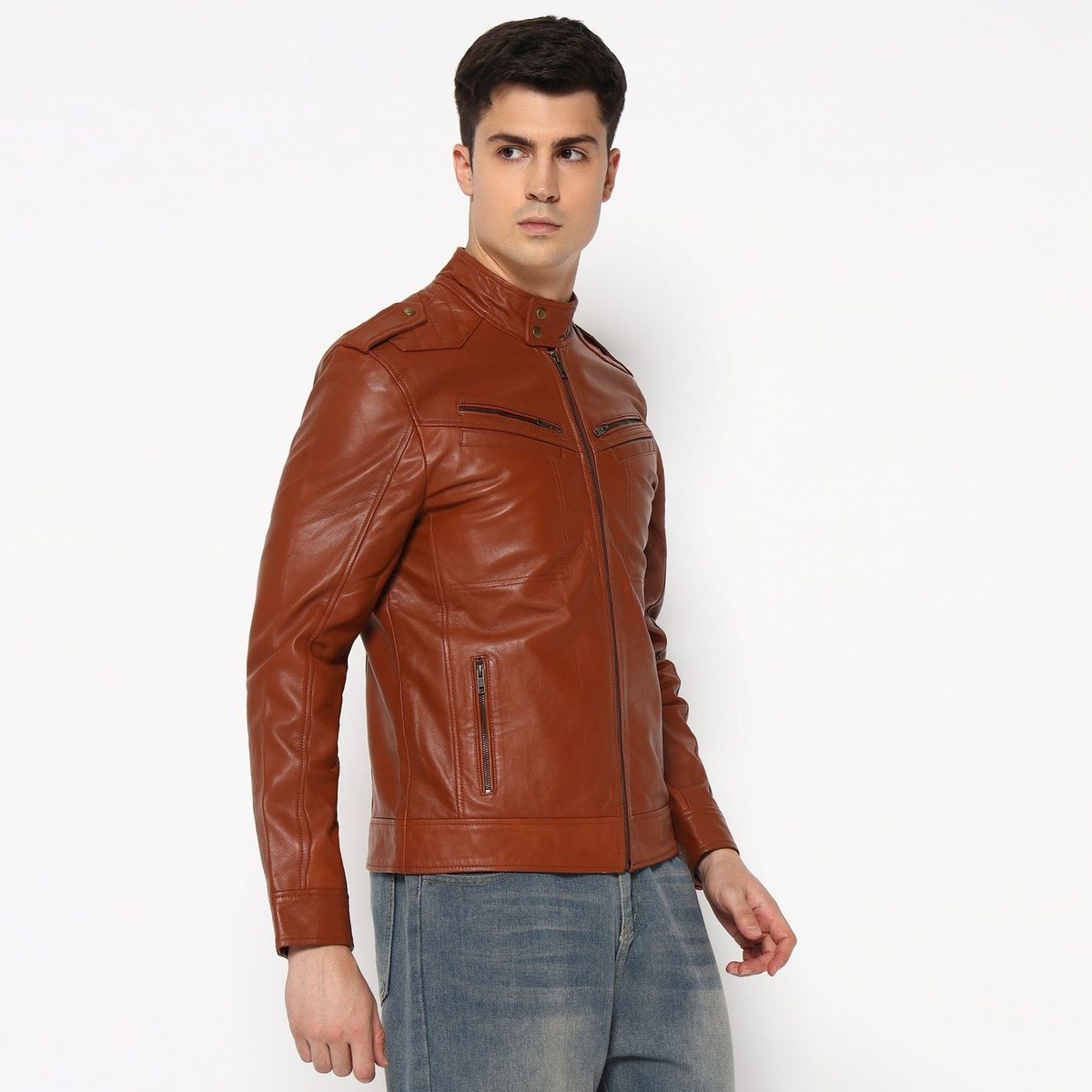 Men Brown Genuine Leather Biker Jacket thumbnail 5