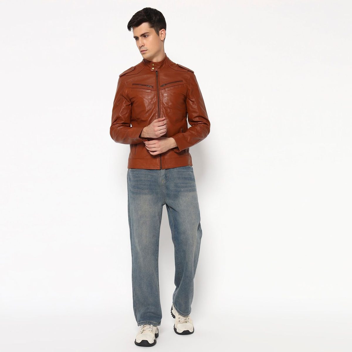 Men Brown Genuine Leather Biker Jacket thumbnail 6
