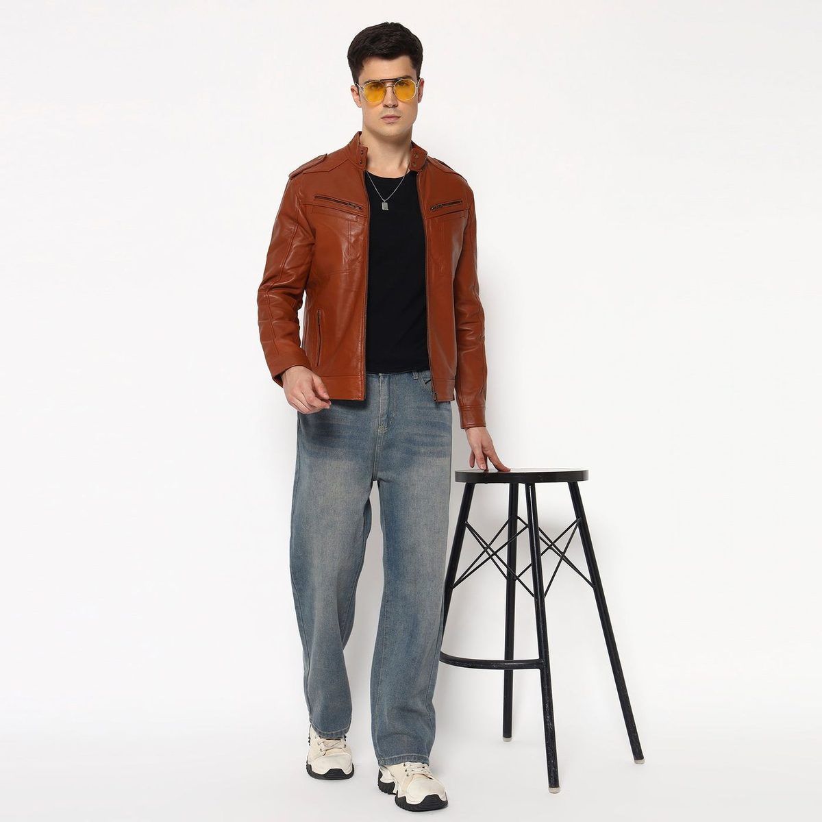 Men Brown Genuine Leather Biker Jacket thumbnail 7