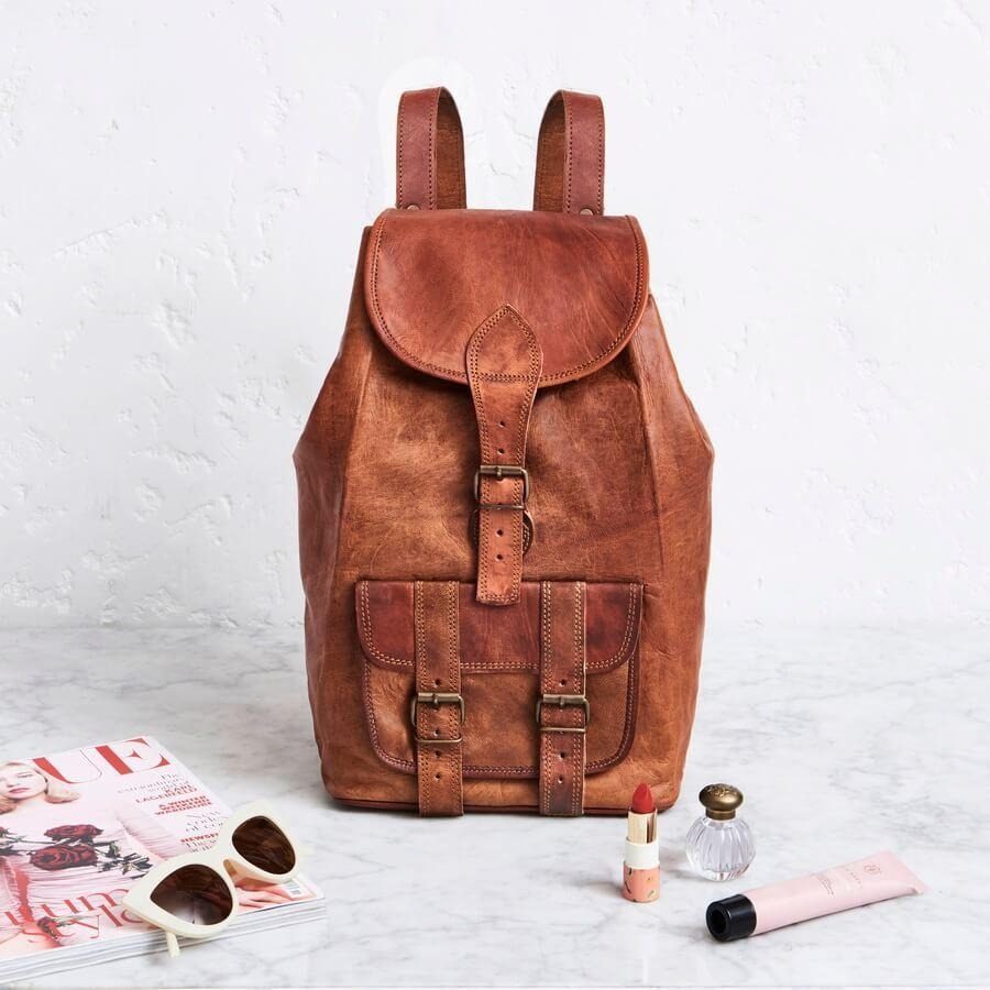 IndiFash - Handcrafted 13*18 Inch Large Goat Leather Backpack | 100% Genuine Leather thumbnail 4